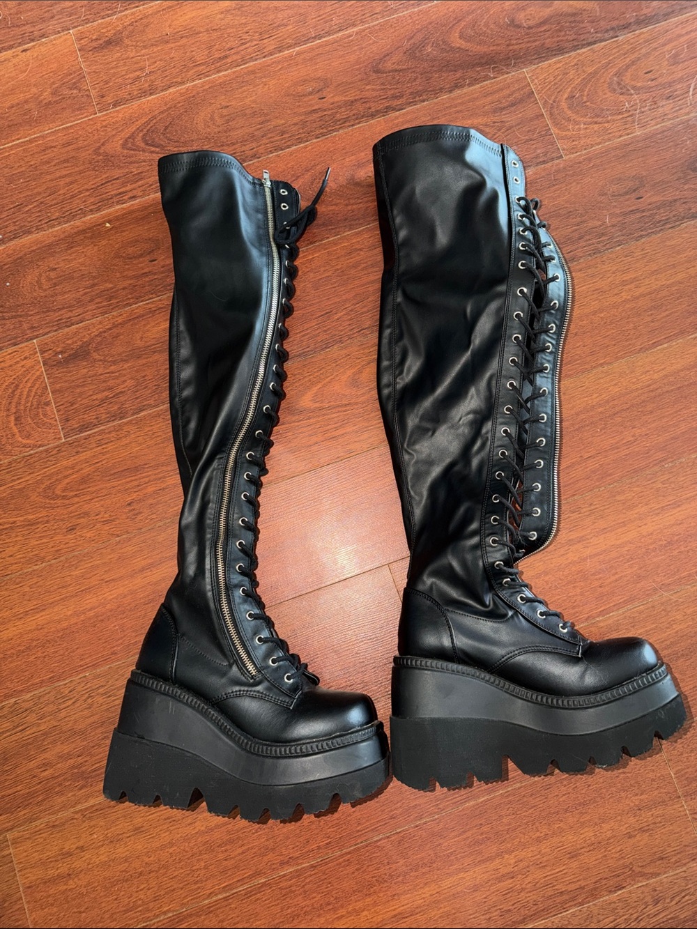 Demonia Shaker-374 Black Knee-High Lace-Up Platform Boots